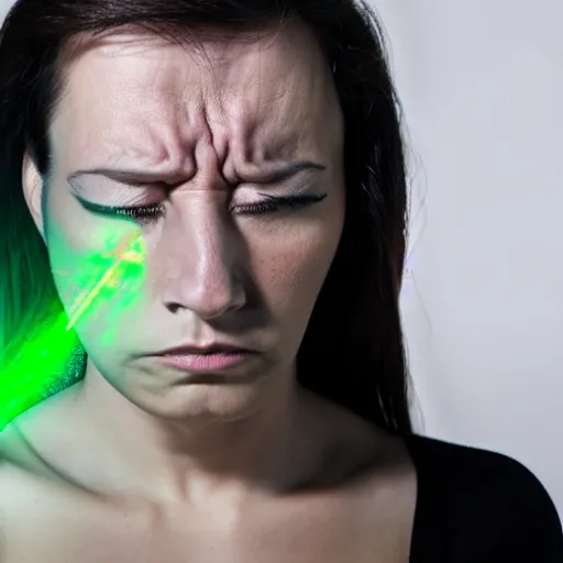 Image similar to an angry looking woman with lasers beams coming from her eyes giving her husband the look