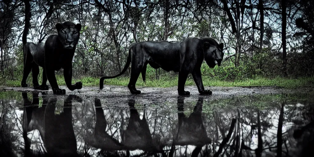 Prompt: the black lioness made of goo, stalking prey in the jungle at night, viscous, sticky, dripping black goo, dripping goo, sticky black goo. photography, dslr, reflections, black goo, rim lighting, cinematic light, horror, contrast, volumetric, neon, tar puddles