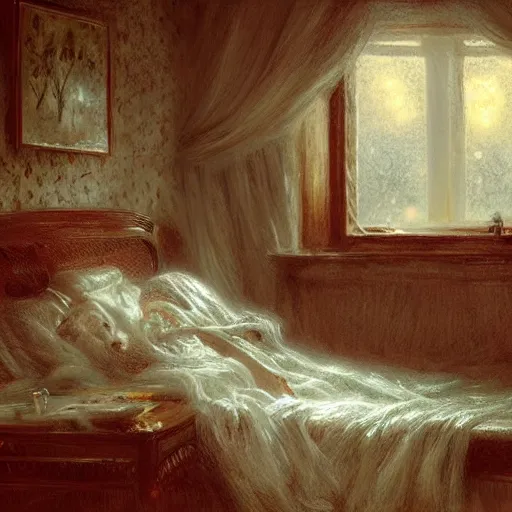 Image similar to on a rainy day, someone in home sits in bed, curled up under the covers, watching the rain outside the window, cinematic, artstation, extremely detailed, intricate, cinematic lighting, art by pierre - auguste renoir, greg rutkowski