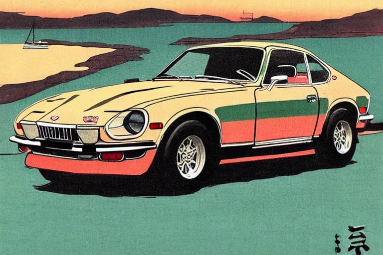 Image similar to ukiyo - e painting of a 1 9 7 5 datsun 2 4 0 z