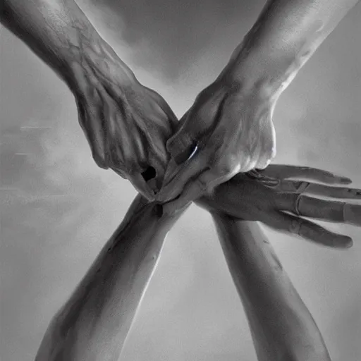 Image similar to Shaking hands, vertical symmetry, close up shot, detailed hands, beautiful moody artwork by Greg Rutkowski and Asher Duran