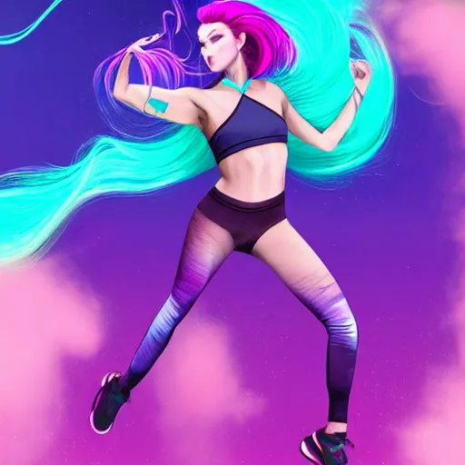 Image similar to a award winning full body shot of a beautiful woman in a croptop with a ombre purple pink teal hairstyle with head in motion and hair flying, gloves, outrun, vaporware, vivid colors, highly detailed, fine detail, intricate