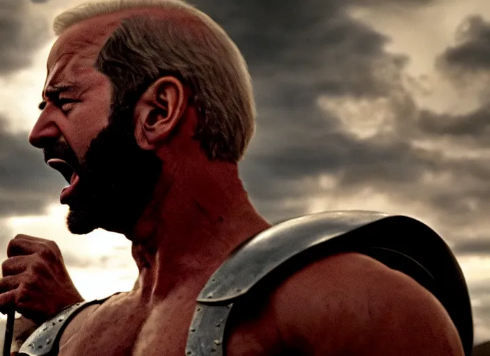 Prompt: cinematic film still of joe biden as leonidas shouting in 3 0 0 movie, 8 k, epic moody sky, dramatic lighting