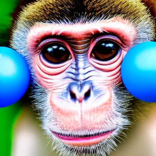 Image similar to a close up of a monkey with a blue ball, a stock photo by paul harvey, shutterstock contest winner, neo - primitivism, creative commons attribution, behance hd, freakshow