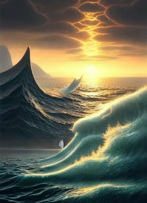 Prompt: a hyper - detailed 3 d render of aquatic animals @ of the cresting waves at dusk, surrealism!!!!! surreal concept art, lifelike, photorealistic, digital painting, aesthetic, smooth, sharp focus, artstation hd, by greg rutkowski, bruce pennington, valentina remenar and asher duran,