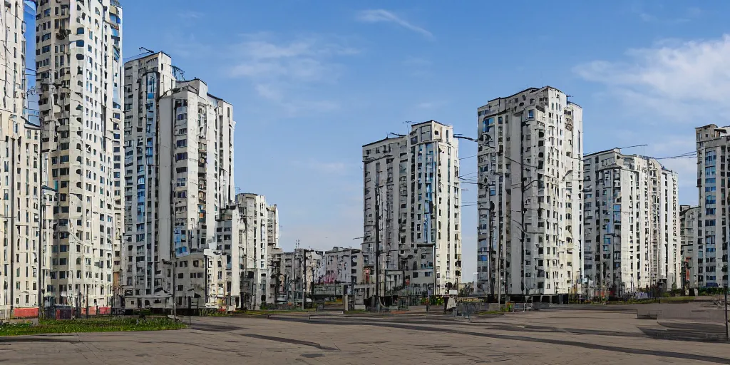 Prompt: photo of a low income highrise geometric Russian city, apartments, train station, avenues. Square with a statue of leader