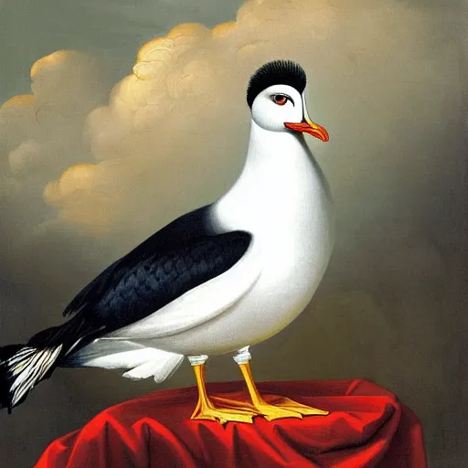 Prompt: the royal king's gull by greg hildebrant fancy rococo baroque regal oil painting high quality award winning clothed in fancy garb