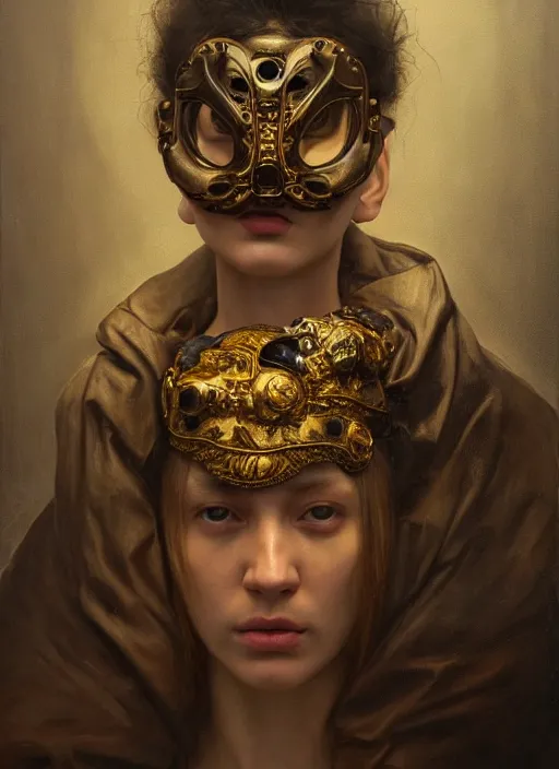 Image similar to highly detailed oil painting | very intricate | cinematic lighting | award - winning | the train mask by alexander mcqueen | by roberto ferri, by leng jun, by j. c. leyendecker and klimt, american romanticism, by austin osman spare, artstation, cgsociety, official art, octane