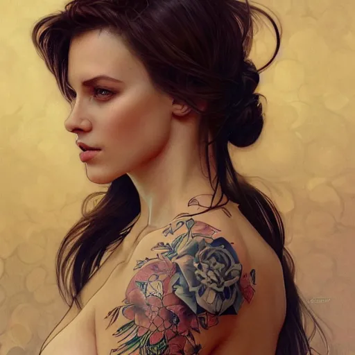 Image similar to ultra realistic illustration, a hot and beautiful tattooed slavic woman in her 3 0's, intricate, elegant, highly detailed, digital painting, artstation, concept art, smooth, sharp focus, illustration, art by artgerm and greg rutkowski and alphonse mucha