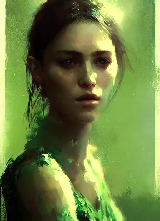 Image similar to outdoor portrait of a beautiful girl, shades of green, beautiful face, rule of thirds, intricate outfit, spotlight, by greg rutkowski, by jeremy mann, digital painting