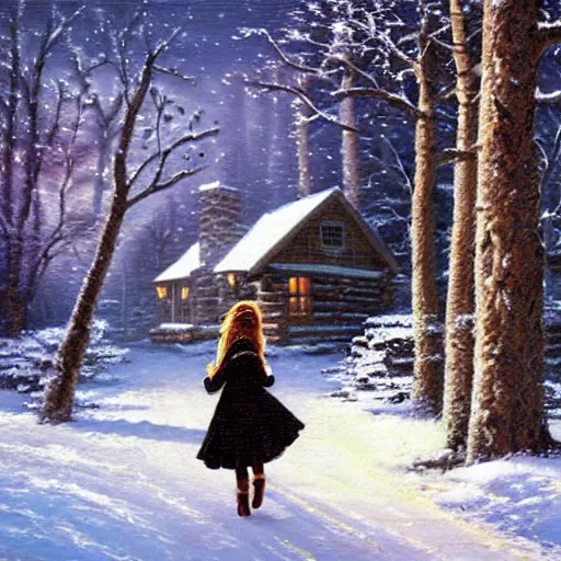 Prompt: snowy forest, log cabin, goth girl walking through snow, art by thomas kinkade