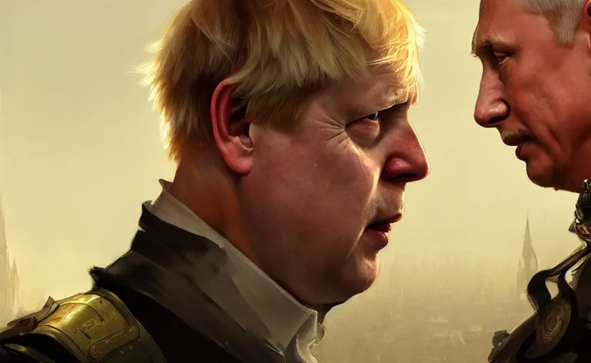 Image similar to Boris Johnson vs Vladimir Putin, face to face staring, civil war style, highly detailed, digital painting, artstation, concept art, smooth, sharp focus, illustration, cinematic lighting, art by artgerm and greg rutkowski and alphonse mucha