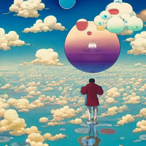 Image similar to a man walking on clouds above kyoto by takashi murakami, beeple and james jean, aya takano color style, 4 k, super detailed