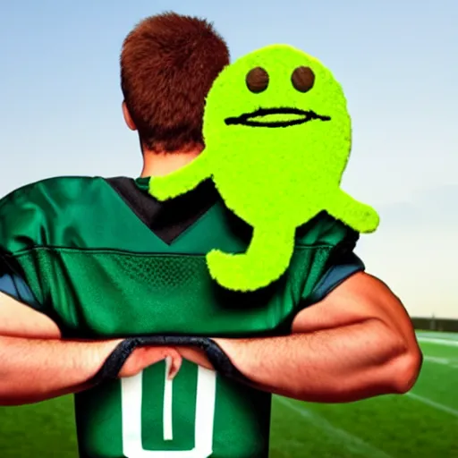 Prompt: a football player standing with a little green man on his shoulder