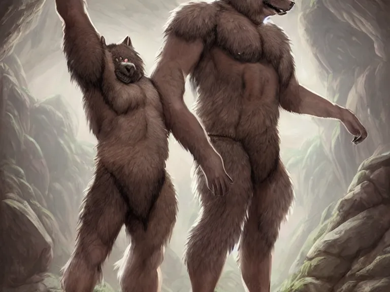 Image similar to burly tough character feature portrait of the anthro male anthropomorphic wolf fursona animal person wearing tribal primitive caveman loincloth outfit full wolf fur body standing in the entrance to the cave, center framed character design stylized by charlie bowater, ross tran, artgerm, makoto shinkai, detailed, soft lighting, rendered in octane