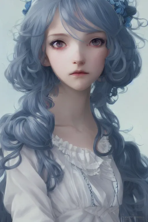 Image similar to a character design of young black lolita dressed girl, grey and blue theme, wavy white long hair by krenz cushart and mucha and akihito yoshida and greg rutkowski, detailed eyes, 4 k resolution