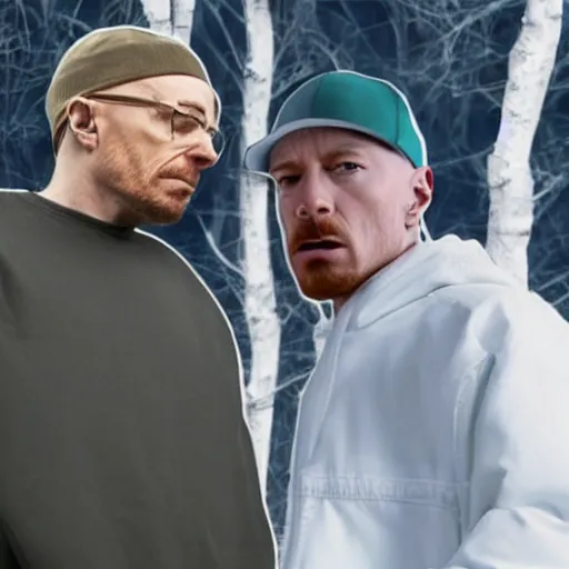 Prompt: Eminem talking to Walter White, photorealistic, 1080p 4k resolution, shot on iPhone,