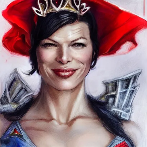 Prompt: superman as an attractive young smiling woman played by milla jovovich wearing a mushroom crown and heavy armoured wedding dress, face portrait, hd shot, digital portrait, elegant, beautiful, fantasy art, artstation, comic style, by artgerm, guy denning, jakub rozalski, magali villeneuve and charlie bowater