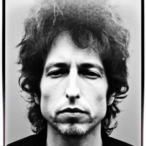 Image similar to Mugshot Portrait of Bob Dylan, taken in the 1970s, photo taken on a 1970s polaroid camera, grainy, real life, hyperrealistic, ultra realistic, realistic, highly detailed, epic, HD quality, 8k resolution, body and headshot, film still, front facing, front view, headshot and bodyshot, detailed face, very detailed face