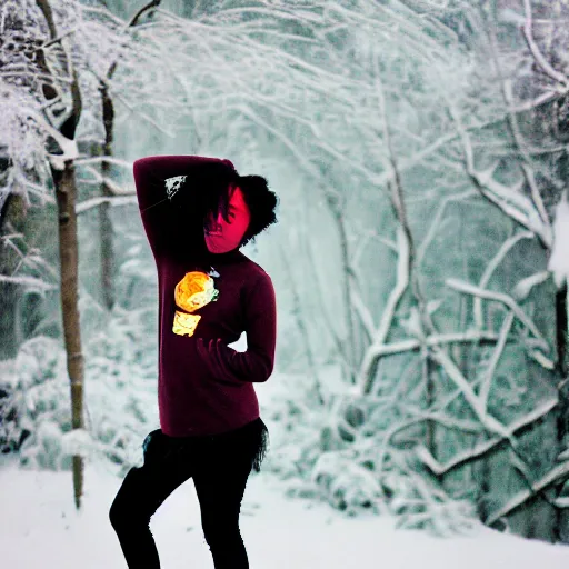 Image similar to black Emo scene girl with long rainbow hair looking up at snow 35mm
