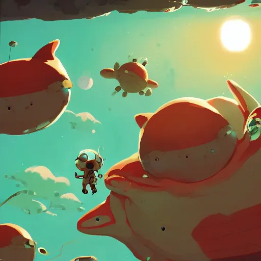 Image similar to baby harp seals astronauts attacking octupus aliens on an asteroid, atey ghailan, goro fujita, studio ghibli, rim light, sharp lighting, clear focus, very coherent,