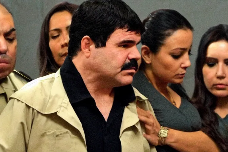 Image similar to el chapo is meditating with his 3 wives in the middle of a prison cell. he is a pimp. the female correctional officer has a crush on him.