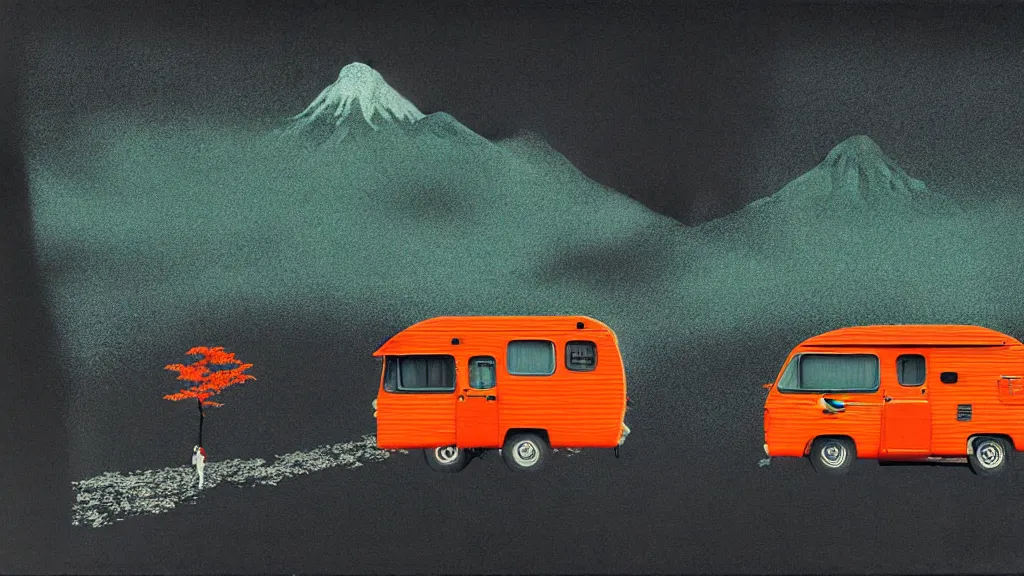 Prompt: japan various natural splendor and rural camper touring, a representational non - abstract collage painting, in the style of wes anderson, lola dupre, david hockney, isolated on negative space background dark monochrome neon spraypaint accents volumetric octane render