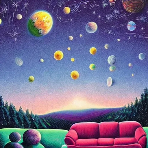 Image similar to psychedelic trippy couch pine forest planets milky way sofa cartoon by rob gonsalves