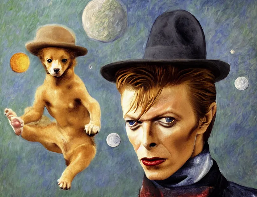 Image similar to an oil painting of david bowie wearing a fedora, kicking a puppy on the moon. painted by monet. baroque elements. baroque element. intricate artwork by caravaggio. oil painting. oil on canvas. award winning. dramatic. trending on artstation. 8 k