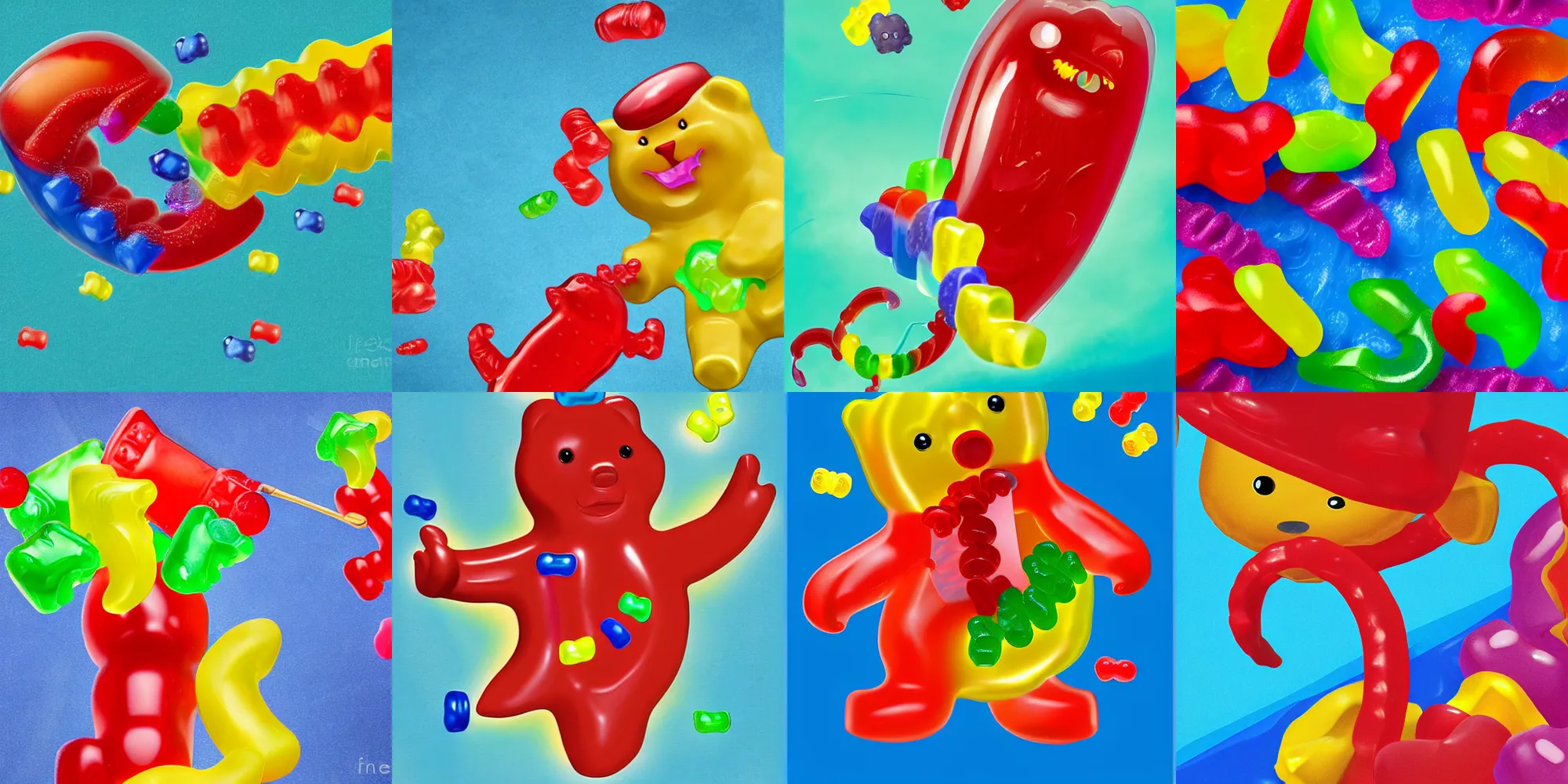 Prompt: a gummi bear uses gummi worms to catch swedish fish, digital art