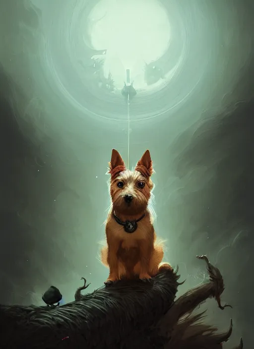 Image similar to norwich terrier as an witch, backround dark, highly detailed, digital illustration, trending in artstation, modern painting, smooth, sharp focus, intricate, by peter mohrbacher