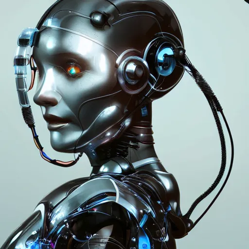 Image similar to a beautiful woman wearing robot suit with wires and light, highly detailed, photorealistic, artstation, smooth