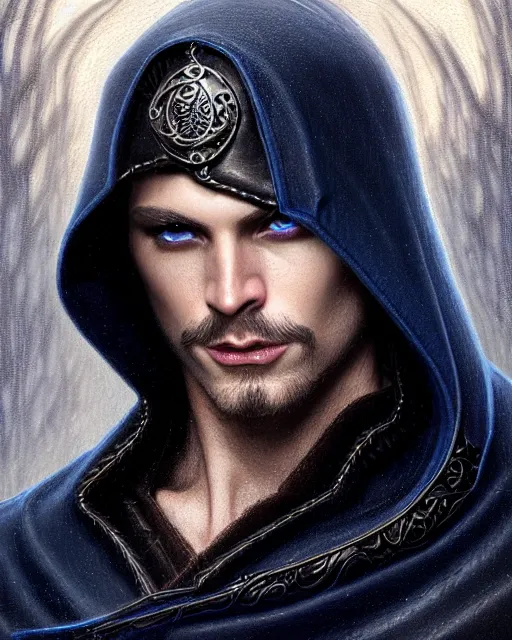 Image similar to ultrarealistic male mage face portrait fighting, long black hair blue eyes wearing leather mantle gothic navy cloak with leather details, cliffside town, fantasy character portrait, realistic render, extreme intricate details, elegant, cinematic lighting, highly detailed, artstation, dnd art, cgsociety, sharp focus, beautiful digital painting by artgerm, gerald brom, wlop, alphonse mucha