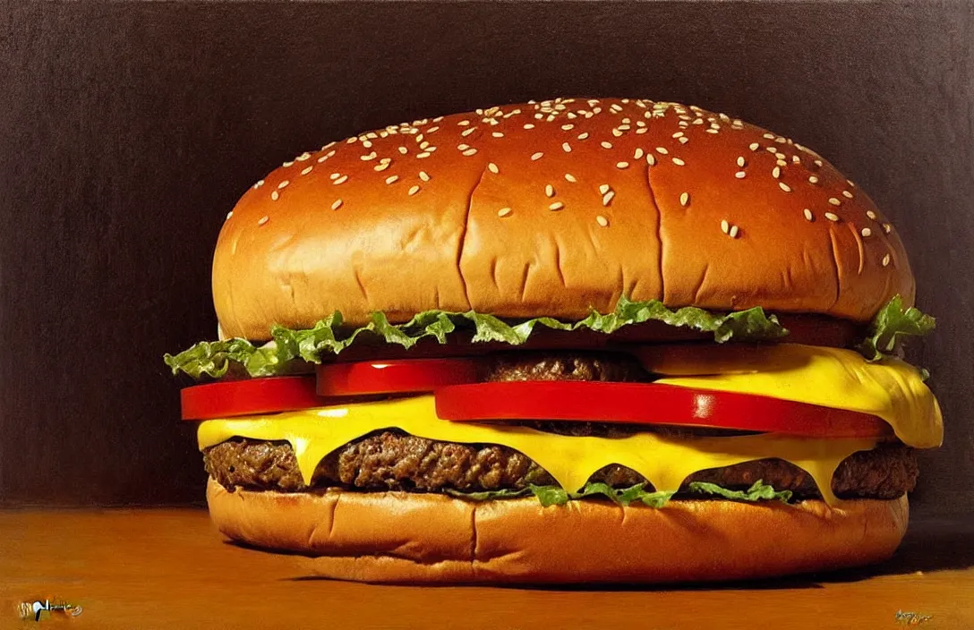 Prompt: portrait of whopper cheeseburger!!!!!!!!!!!!!!!!!!!!!!!!!!!, detailed face, detailed painting,, epic lighting, by ilya repin, phil hale and kent williams