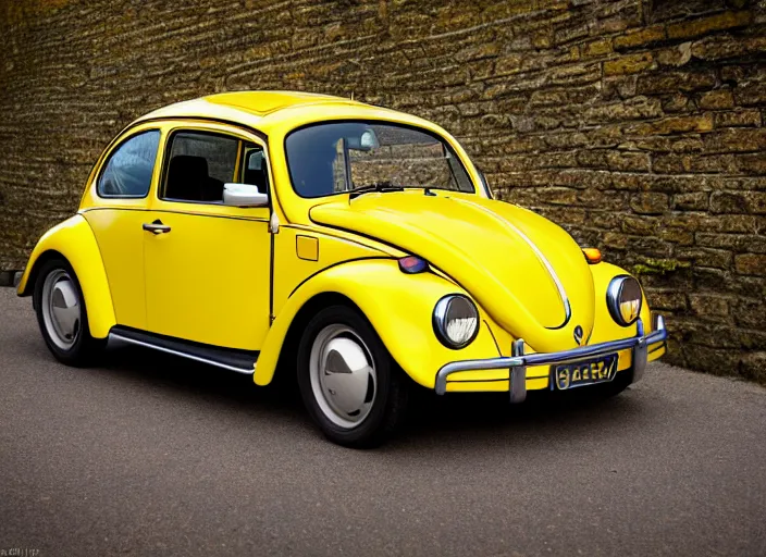 Image similar to a professional photograph of a yellow beetle Volkswagen car, car magazine XF IQ4, f/1.4, ISO 200, 1/160s, 8K, RAW, unedited, symmetrical balance, in-frame