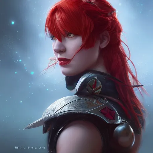 Image similar to fantasy portrait of a young beautiful veteran female warrior with red hair , made by Stanley Artgerm Lau, WLOP, Rossdraws, ArtStation, CGSociety, concept art, cgsociety, octane render, trending on artstation, artstationHD, artstationHQ, unreal engine, 4k, 8k,