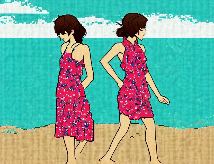 Image similar to girl wearing a floral dress at the beach. pixel art, limited palette, by award - winning mangaka, backlighting.