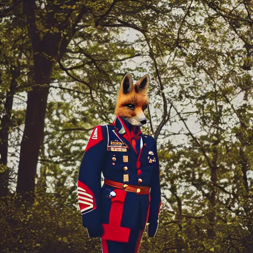 Image similar to a Fox dressed in a modern American general uniform, 85mm f/1.4