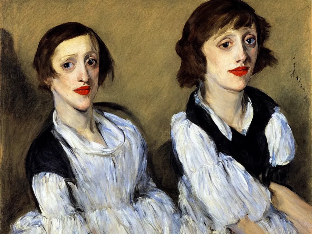 Image similar to portrait of a young shelley duvall by manet, oil on canvas