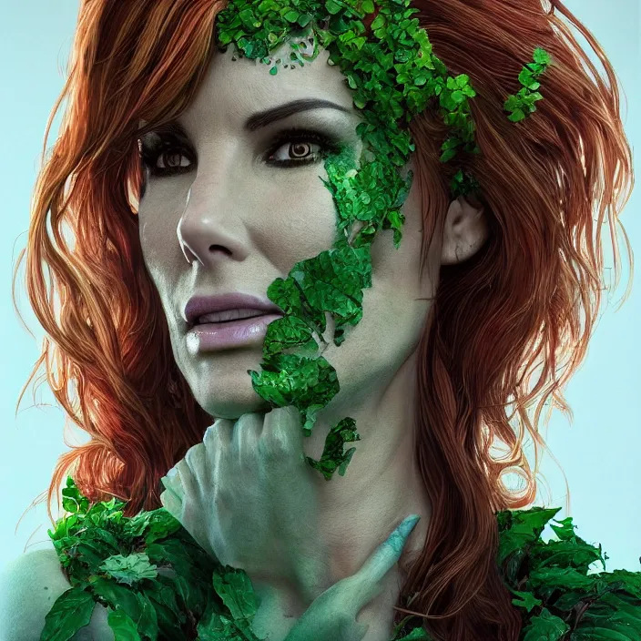 Image similar to portrait of Sandra Bullock as a Poison Ivy. intricate artwork. by Tooth Wu, wlop, beeple, dan mumford. octane render, trending on artstation, greg rutkowski very coherent symmetrical artwork. cinematic, hyper realism, high detail, octane render, 8k