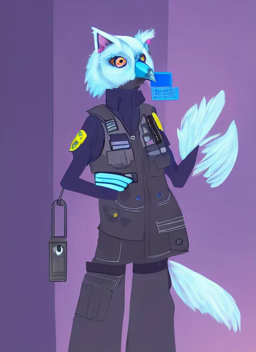 Prompt: A beautiful portrait commission of a female furry anthropomorphic avian blue bird fursona wearing a security guard uniform with a bullet proof vest. Cyberpunk city. 🐦