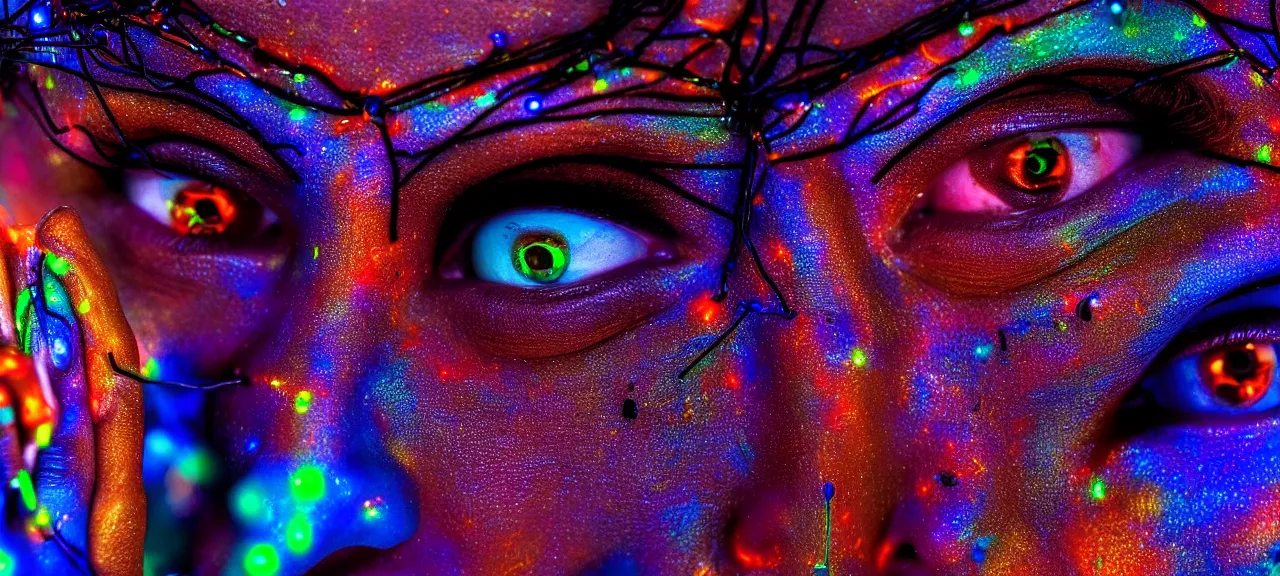 Image similar to beauty, three eyed humanoids, close ups, vivid colors, thin wires, beautiful lighting