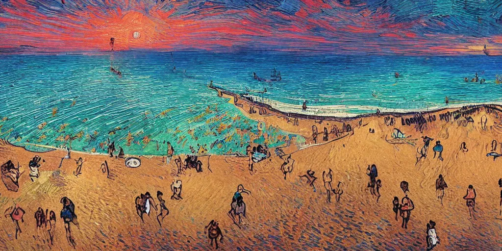 Image similar to People in beach, beach is between the two valleys, by Salvador Dali and Van Gogh collaboration, sun set, digital art, high details, drone wide shot