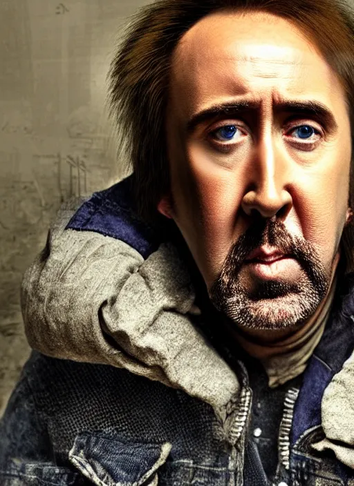 Image similar to Homeless portrait Nicolas Cage in scrappy clothing, HD, award winning photograph