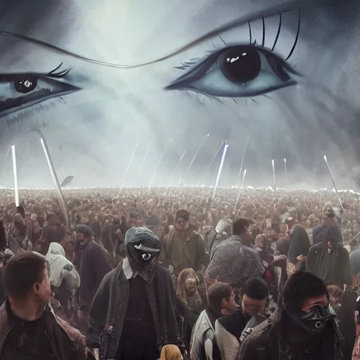 Image similar to Jaws dropped. Heads turned. Eyes widened in surprise as shady eight-eyed men squelched through the crowd and disappeared up into the sky, their faces hidden by masks. The tent is full of people, all staring at the sky above them and waiting for more to come flying out.