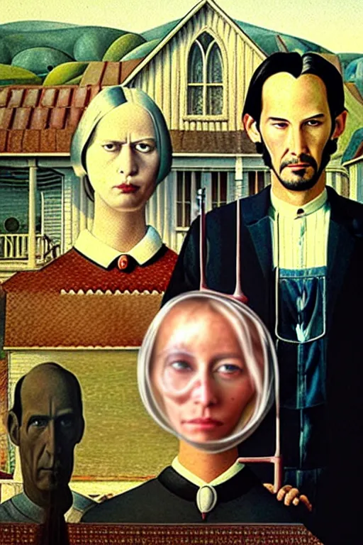 Image similar to painting of Keanu Reeves and Lady Gaga as the couple in American Gothic in the style of Grant Wood