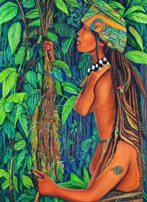 Prompt: a beautiful painting of an indigenous female doing artwork in the jungle, realistic, ayahuasca
