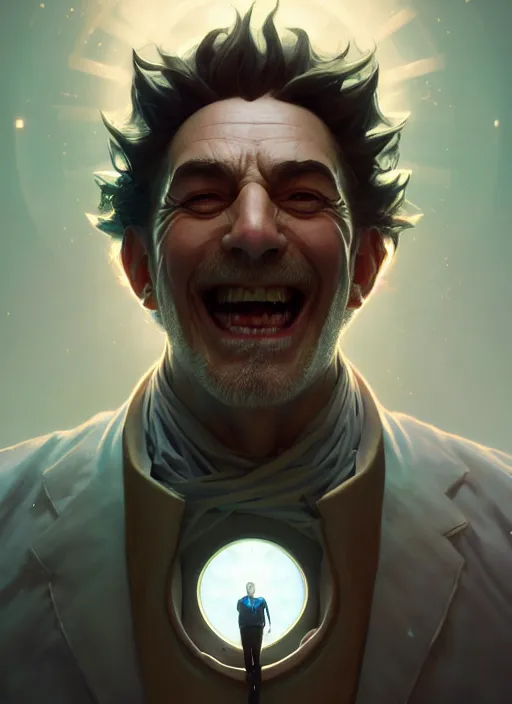 Prompt: symmetry, concept art by artgerm, distance portrait of a hyper realistic, happy, rick sanchez by greg rutkowski, alphonse mucha, octane render, highly detailed, high quality, 8 k, soft lighting, path traced, and uang guangjian and gil elvgren, symmetry!!