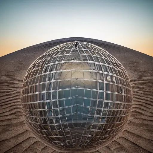 Prompt: A realistic photo of a huge transparent megastructure in the shape of a sphere, it has a staircase inside, located in the center of a desert, people are walking up the stairs, photography, award winning, 8k