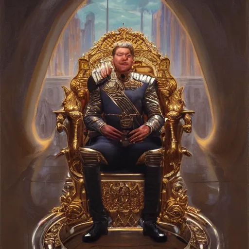 Image similar to A portrait of a king sitting on his throne, digital painting, artstation, concept art, donato giancola, Joseph Christian Leyendecker, WLOP, Boris Vallejo, Breathtaking, 8k resolution, extremely detailed, beautiful, establishing shot, artistic, hyperrealistic, beautiful face, octane render, cinematic lighting, dramatic lighting, masterpiece